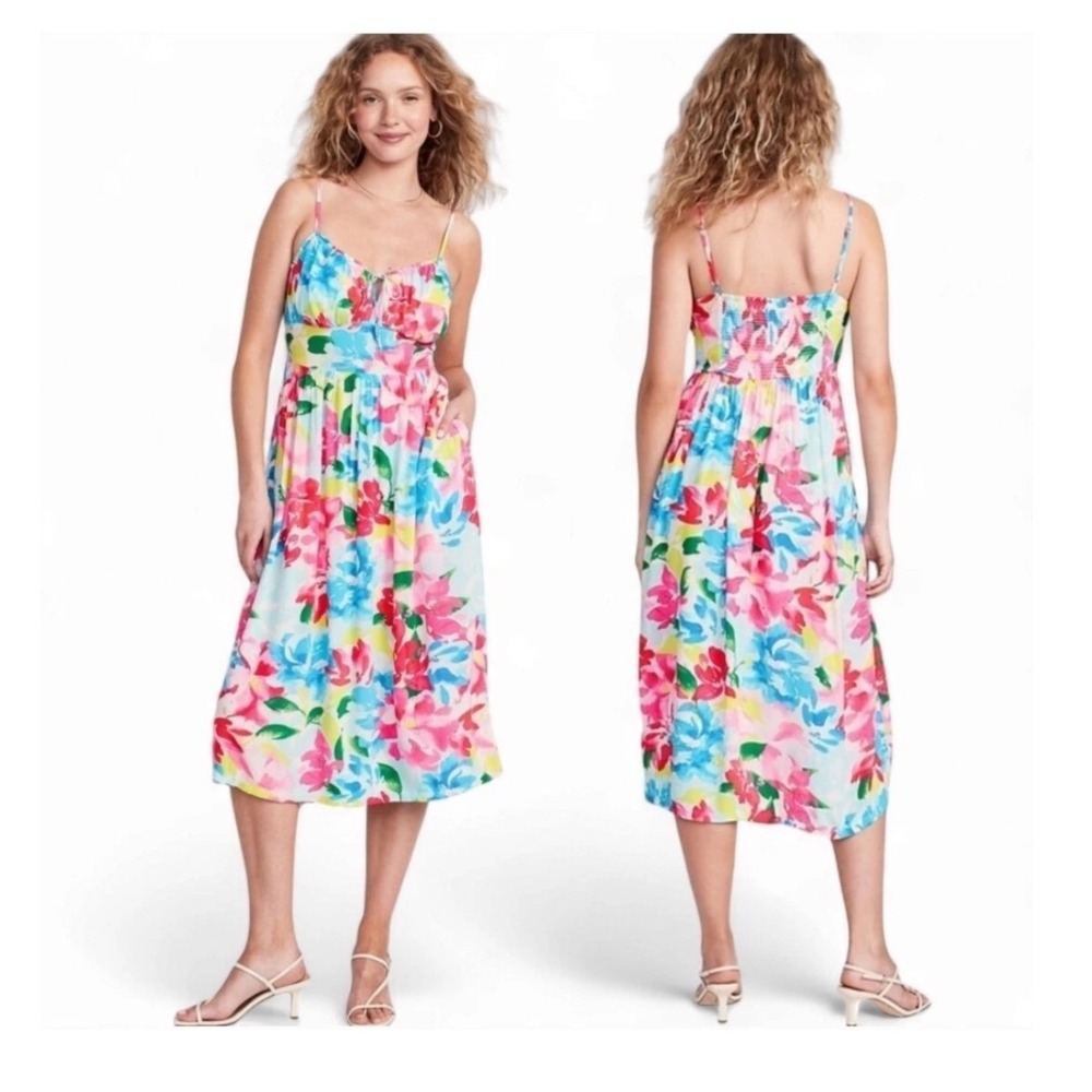 Old Navy Floral Midi Summer/Spring Pink Blue Dress Sweetheart Neckline‎ Size L